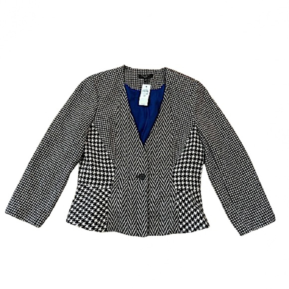 Ann Taylor Jacket Womens Black Wool Blend Blazer Houndstooth Check size 8 Petite